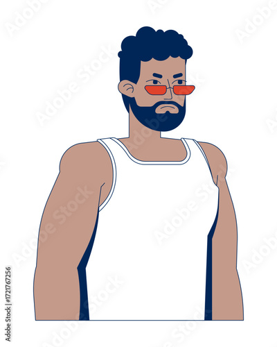 Muscular bearded black man frowning 2D cartoon character. Tough guy dissatisfied. African american male in sunglasses and tank top flat vector person isolated on white. Spot illustration colorful