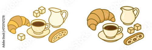 Delicious breakfast display with coffee, croissants, and pastries on a simple table setting