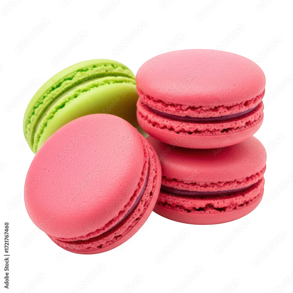 Obraz premium Delightful Macarons Stacked with Precision A Tempting Tower of Pink and Green Confections on a Neutral Backdrop Perfect for Culinary and Sweet Treat Designs