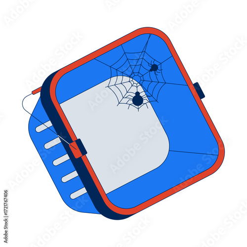 Abandoned empty shopping basket with spider web 2D cartoon object. Spiderweb forgotten purchase. Cobweb neglected store container isolated element flat vector clip art on white. Spot illustration