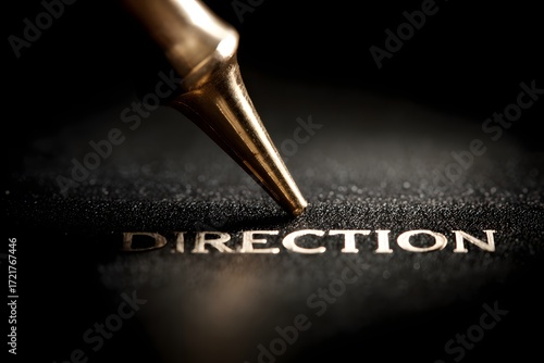 Close-Up Shot of a Gold Pen Touching the Word Direction on Dark Background