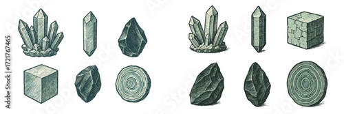 Exploring a collection of various crystals and stones displayed in a natural formation and geometric shapes