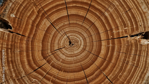 Close-up of Tree Trunk Cross Section Showing Detailed Annual Growth Rings
