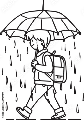 Vector line art of rural children walking to school in sun and rain. Symbolizes education, struggle, and village life. EPS-ready for editorial and lifestyle themes.
