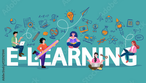 E-learning and online education concept. A diverse group of students learning with laptops and books around the large text, with various science and art doodle icons background.