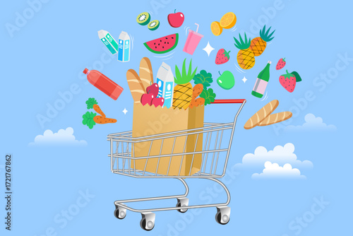 A supermarket trolley filled with a variety of healthy groceries, including fresh fruits, bread, and milk. A concept for food shopping, a balanced diet, and consumerism.