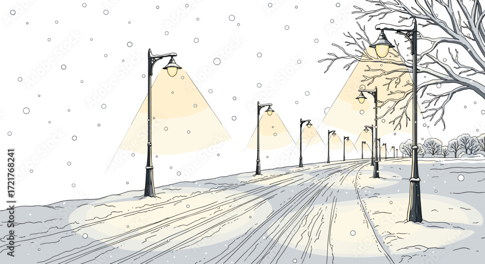 Obraz premium Snowy street with glowing lampposts in vintage illustration style