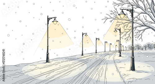 Snowy street with glowing lampposts in vintage illustration style