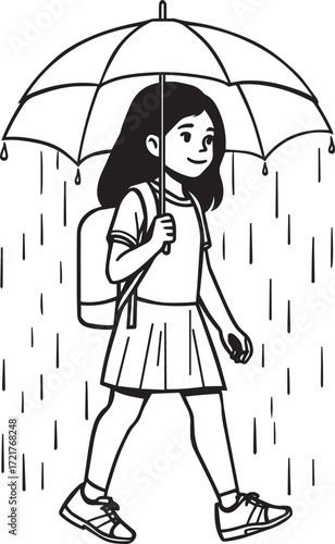 Vector line art of rural children walking to school in sun and rain. Symbolizes education, struggle, and village life. EPS-ready for editorial and lifestyle themes.