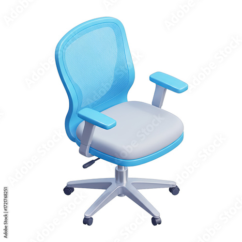 A vibrant blue and light grey ergonomic office chair, rendered in a clean isometric illustration, ideal for modern office or home environments.