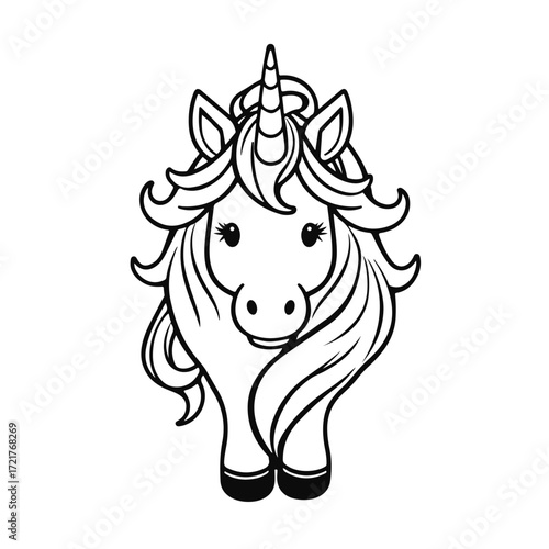 Cute cartoon unicorn illustration, magical fantasy animal, children's character drawings, fairytale pony design, colorful children's unicorn drawing