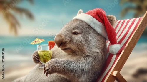 A wombat lounges on a striped beach chair, enjoying a colorful drink with a tiny umbrella by the beach.