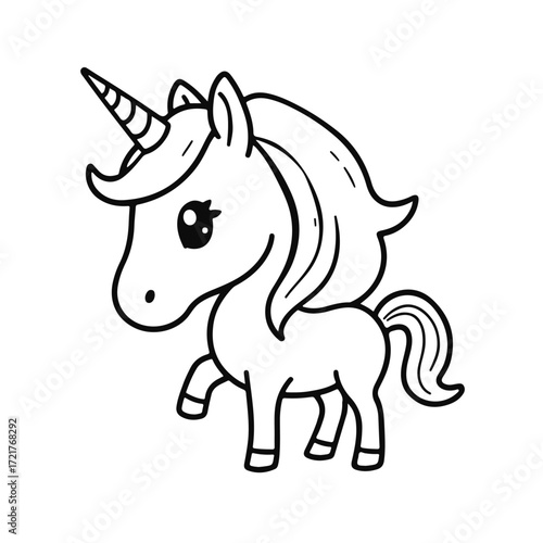Cute cartoon unicorn illustration, magical fantasy animal, children's character drawings, fairytale pony design, colorful children's unicorn drawing