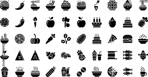 set of 100 glyph food web icons. filled icons such as luosifen,spicy food,healthy food,celebration cake,fodder,triangular pizza slice,hamburger and drink,sardines. vector illustration