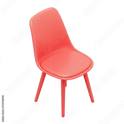This minimalist 3D render showcases a vibrant coral chair, featuring a sleek design and comfortable padded seat, isolated for versatile creative projects.