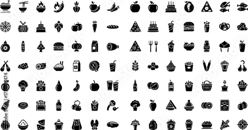 set of 100 glyph food web icons. filled icons such as luosifen,spicy food,healthy food,celebration cake,fodder,triangular pizza slice,hamburger and drink,sardines. vector illustration