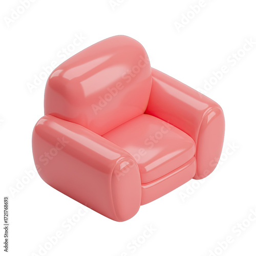 An adorable and modern 3D rendered pink armchair, designed with smooth, rounded edges, offering a comfortable and stylish seating option isolated on white.