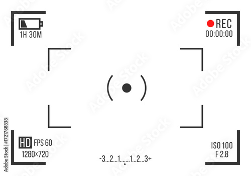 Camera viewfinder with display overlay and frame. Motion picture composition with photo, shutter, and cinematic elements.