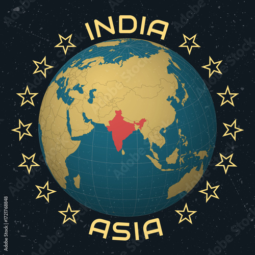 India on Globe. Country name round text. Vintage look with grunge scratched texture. Country view on world map in Sky Blue Light Yellow color palette. India shape on map. Trending vector illustration.