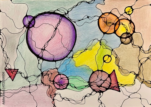Neurographic style concept abstract traditional art illustration, circle, lines, markers and pencils