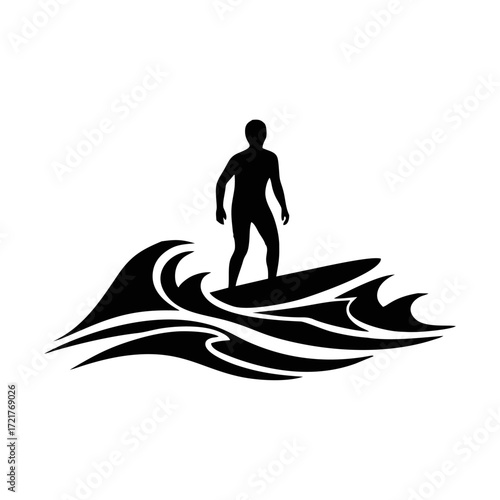 Monochrome graphic icon of a surfer on a surfboard, catching an artistic, ornamental wave, a symbol of adventure and ocean lifestyle