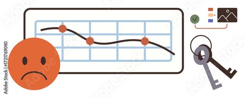 Declining trend on graph with sad face, visual metrics, and keys representing access and solutions. Ideal for business loss, data analysis, planning, strategy, economics, risk metaphor