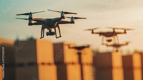 Automated drone delivery network hub with multiple drones taking off and landing, urban logistics, efficient last-mile delivery. 