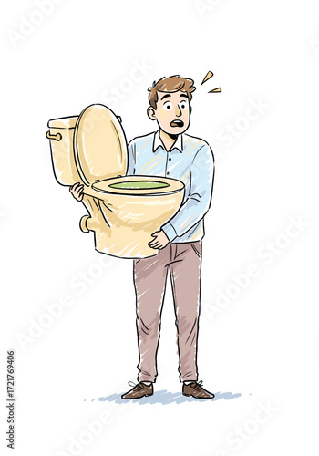 Man surprised while holding toilet with green water in bathroom  