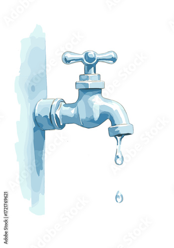 Water faucet leaking with a drop of water in blue color  
