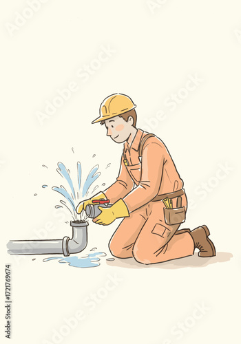 Plumber repairing leaking pipe while kneeling on the floor  