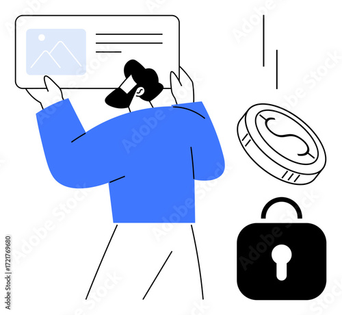Person holding ID card alongside a coin and padlock, emphasizing privacy, security, identity, finance, access control, authentication, and technology in a simple flat metaphor