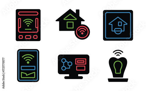Vector art of a set of smart home automation icons, showcasing the integration of technology for home management and control, featuring devices and systems for modern living