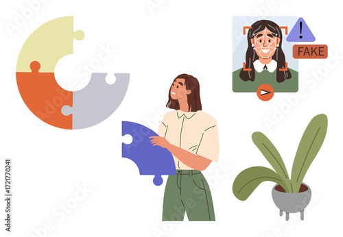 Woman interacts with puzzle piece, investigating fake face detection technology and misinformation warning. Ideal for problem-solving, media literacy, cybersecurity, tech ethics, investigations, AI