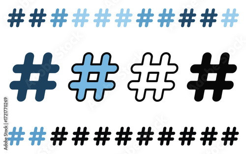 Vector art of collection of hashtag symbols in various shades of blue and black, representing social media trends, topics, and online conversations