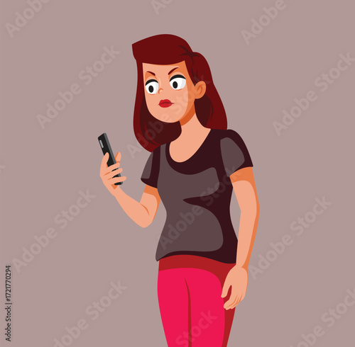 Angry Woman Checking her Phone Feeling Upset Vector Character. Stressed lady reading spam messages on her mobile 