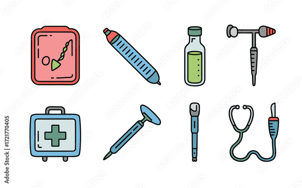 Obraz premium Vector art of medical equipment icons in doodle style, featuring stethoscope, syringe, and first aid kit, perfect for healthcare, medicine, and wellness designs