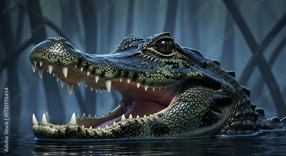 Obraz premium Spectacled caiman alligator head portrait wildlife animal reptile nature close up detailed 3D render digital art
