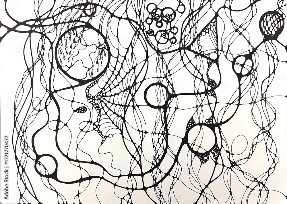 Fototapeta premium Neurographic style concept abstract traditional art illustration, circle, lines, markers and pencils