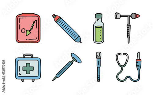 Vector art of medical equipment icons in doodle style, featuring stethoscope, syringe, and first aid kit, perfect for healthcare, medicine, and wellness designs