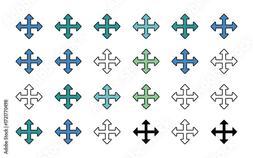 Vector art of collection of colorful move icons featuring various styles and shades, perfect for interface design, web development, and graphic projects requiring versatile navigation symbols