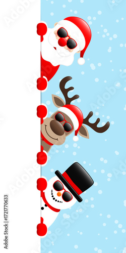 Vertikales Banner Weihnachtsmann Rentier Und Schneemann Sonnenbrille Rechts Schnee Blau