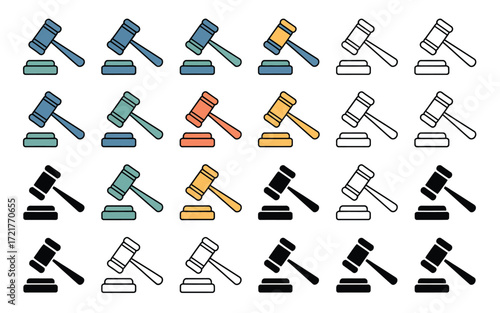 Vector art of collection of gavel illustrations in various colors and styles a versatile set for legal, auction, or decisionmaking themed designs and projects