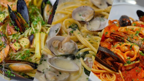 Triptych, collage of three photographs of Italian pasta with seafood in white, cream, and tomato sauce with mussels, shrimp, octopus, vongole, and squid.