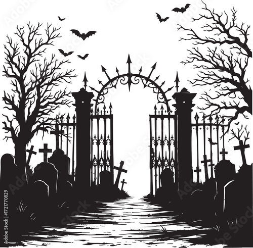 A spooky graveyard with an open gate, tombstones, bare trees, and bats flying in the night sky