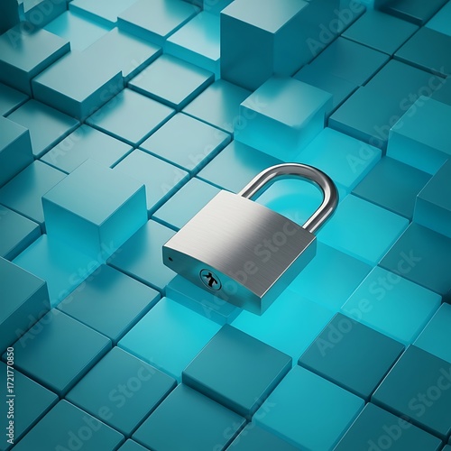 Padlock on blue cube background Cyber security concept Digital safety 3D rendering