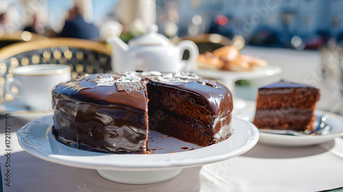 Whole Austrian Sachertorte with glossy chocolate glaze on cake stand