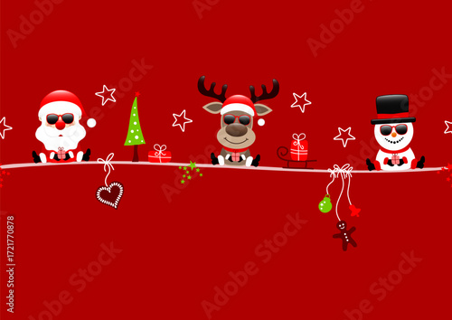 Karte Weihnachtsmann Rentier Und Schneemann Sonnenbrille Icons Rot