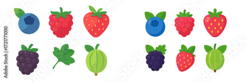 Colorful collection of fruit illustrations featuring berries and melons in a playful design for educational purposes