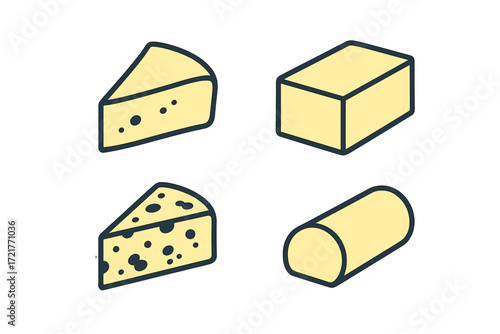 Different types of cheese displayed in various shapes and sizes on a clean surface