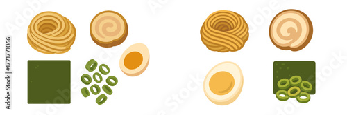 Colorful overview of various sushi ingredients and prepared rolls displayed on a white background
